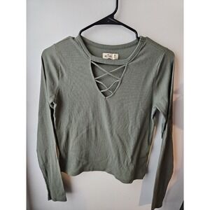 Hollister Green Ribbed Shirt Stretch Long Sleeves Crisscross V-Neck Women's M
